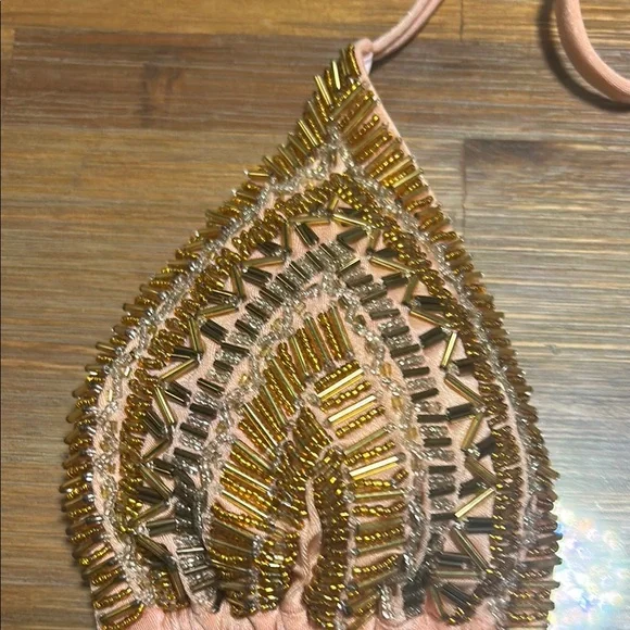 Luxurious Pink and Gold Triangle Swim Bra with Beadwork - Picture 6 of 8